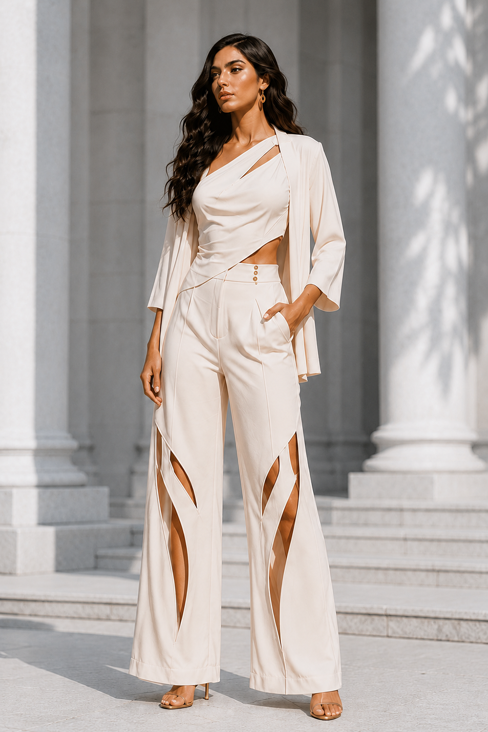 Ivory Premium Lycra One-Shoulder Co-Ord Set with Cape Sleeves