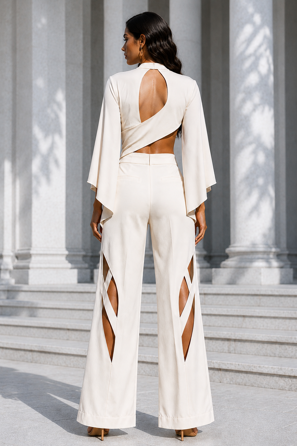 Ivory Premium Lycra One-Shoulder Co-Ord Set with Cape Sleeves Secondary image