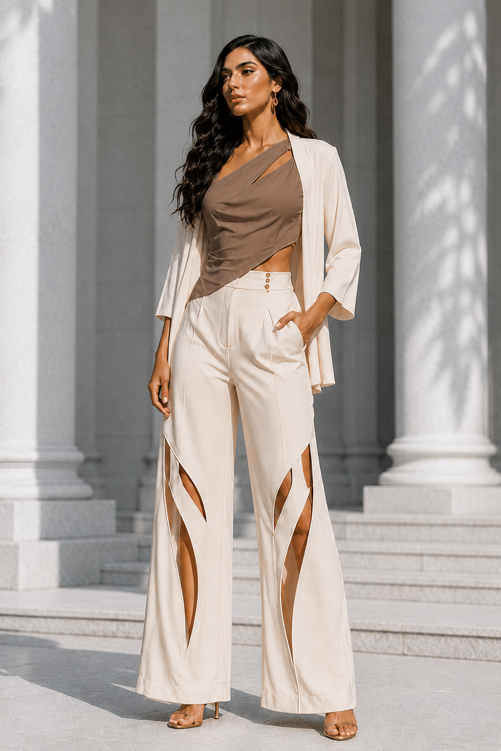 Ivory Premium Lycra One-Shoulder Draped Co-Ord Set with Blazer Main image