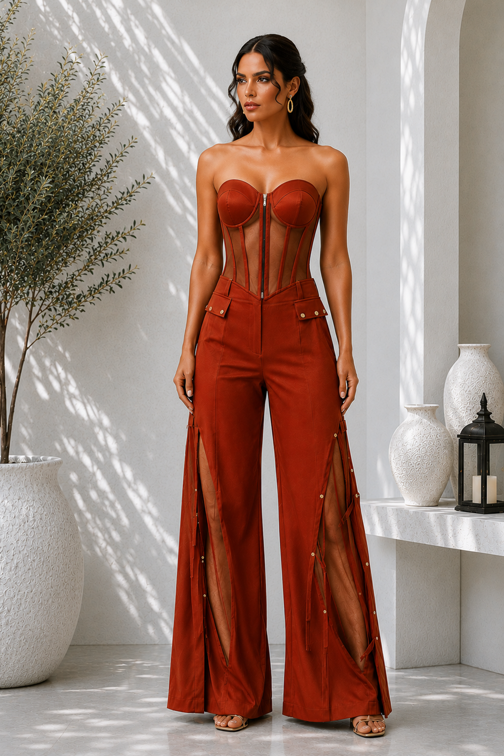 Wine Premium Lycra Corset Co-Ord Set with Sheer Panel Bustier Main image