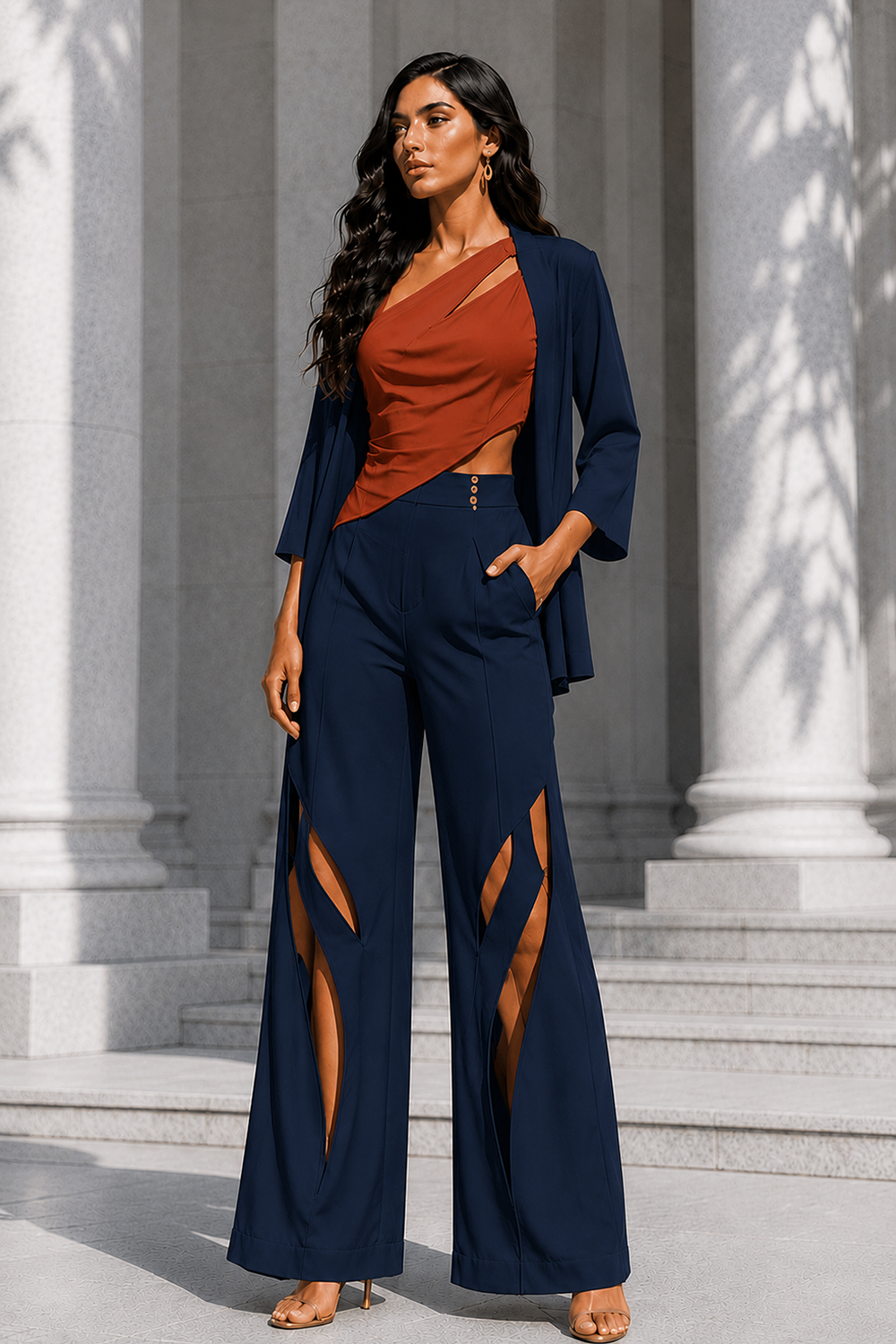 Wine & Midnight Blue Premium Lycra Designer Co-Ord Set Main image