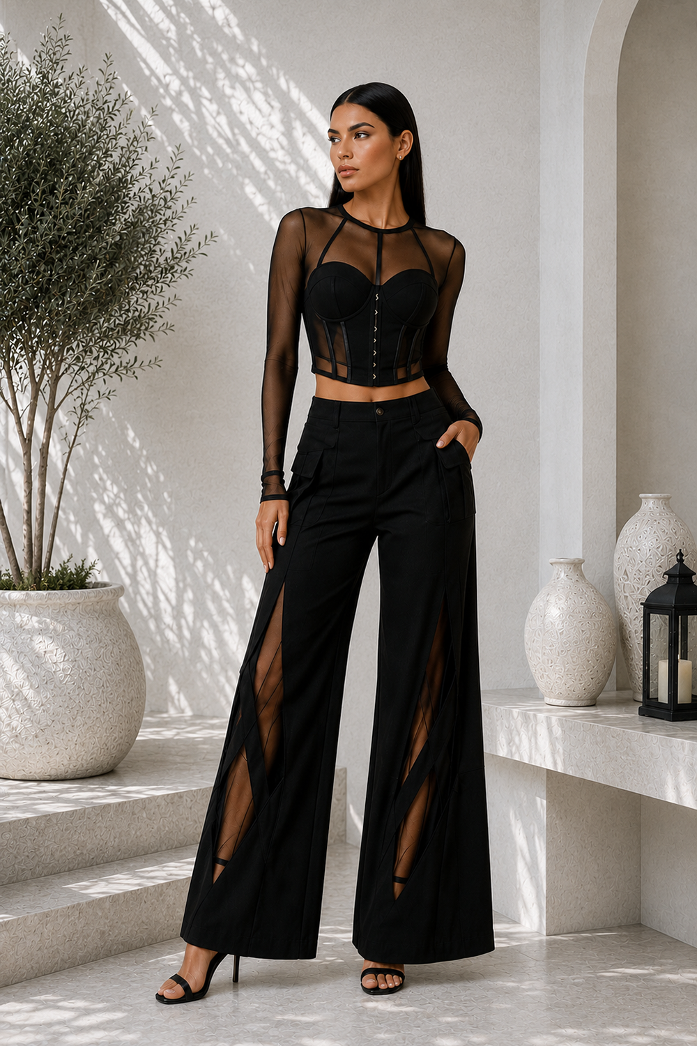 Black Lycra Corset Co-Ord Set with Sheer Mesh Top & Cut-Out Wide-Leg Pant Main image