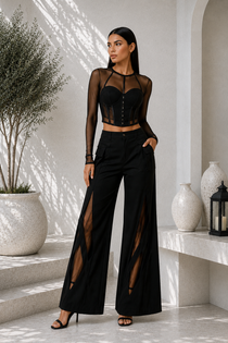 Black Lycra Corset Co-Ord Set with Sheer Mesh Top & Cut-Out Wide-Leg Pant