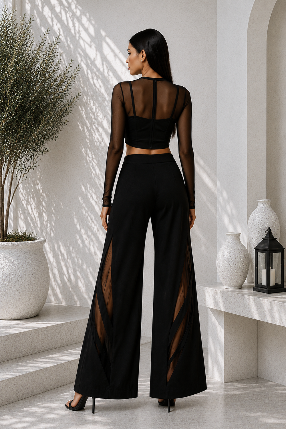 Black Lycra Corset Co-Ord Set with Sheer Mesh Top & Cut-Out Wide-Leg Pant Secondary image