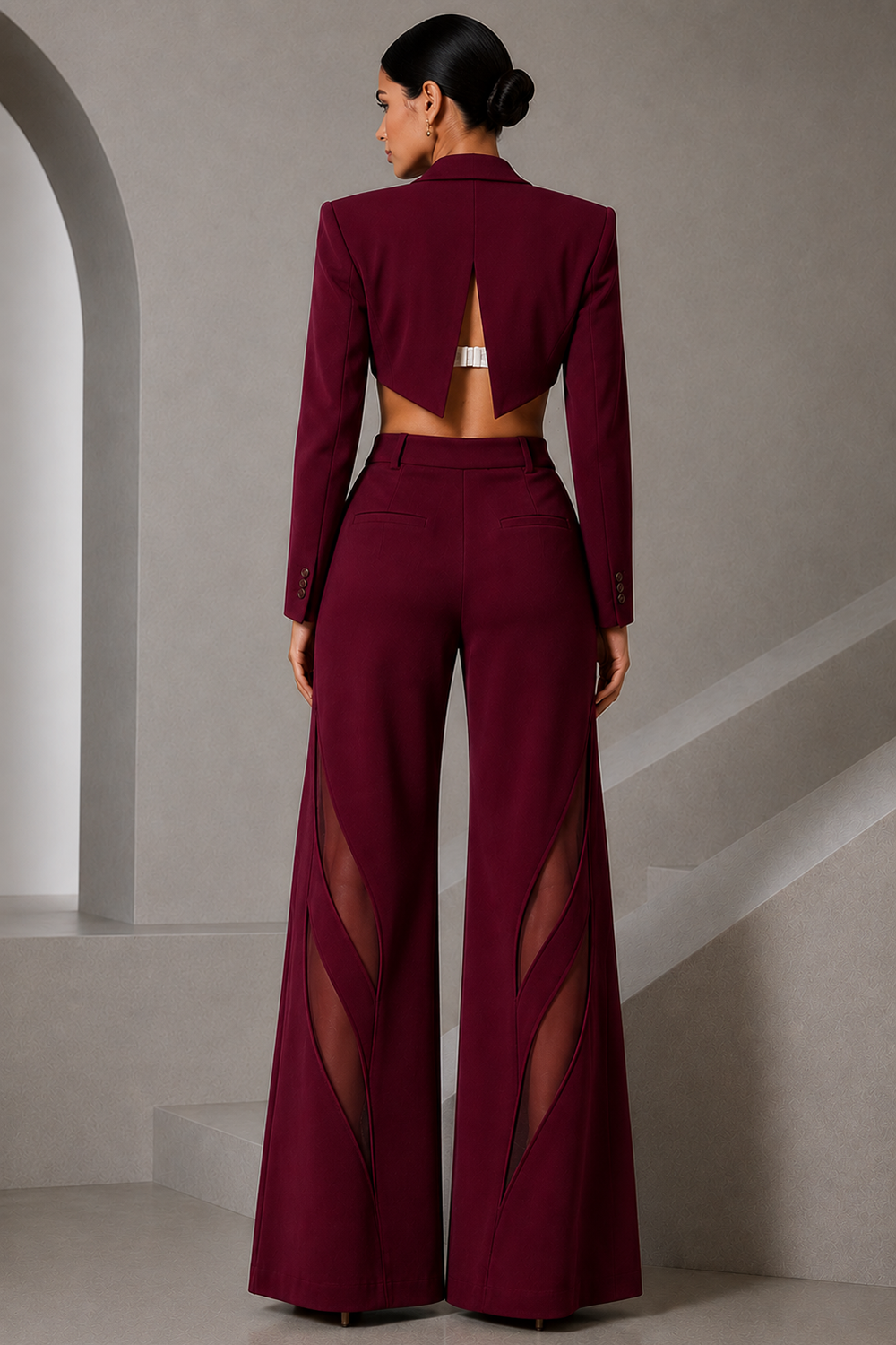 Wine Lycra Three-Piece Co-Ord Set with Cropped Blazer Secondary image