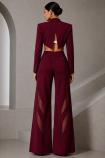 Wine Lycra Three-Piece Co-Ord Set with Cropped Blazer
