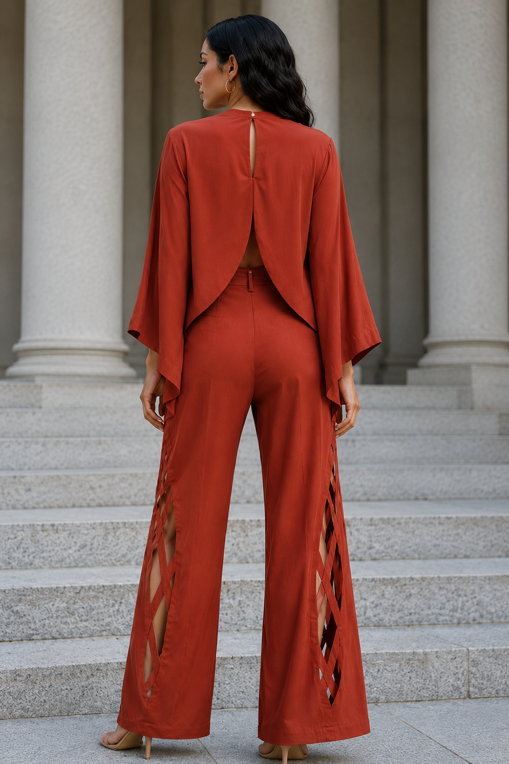 Rust Lycra Three-Piece Co-Ord Set for Women with Corset Top, Cape Jacket Secondary image