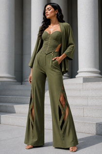 Olive Lycra Three-Piece Co-Ord Set with Corset Top, Cape Jacket