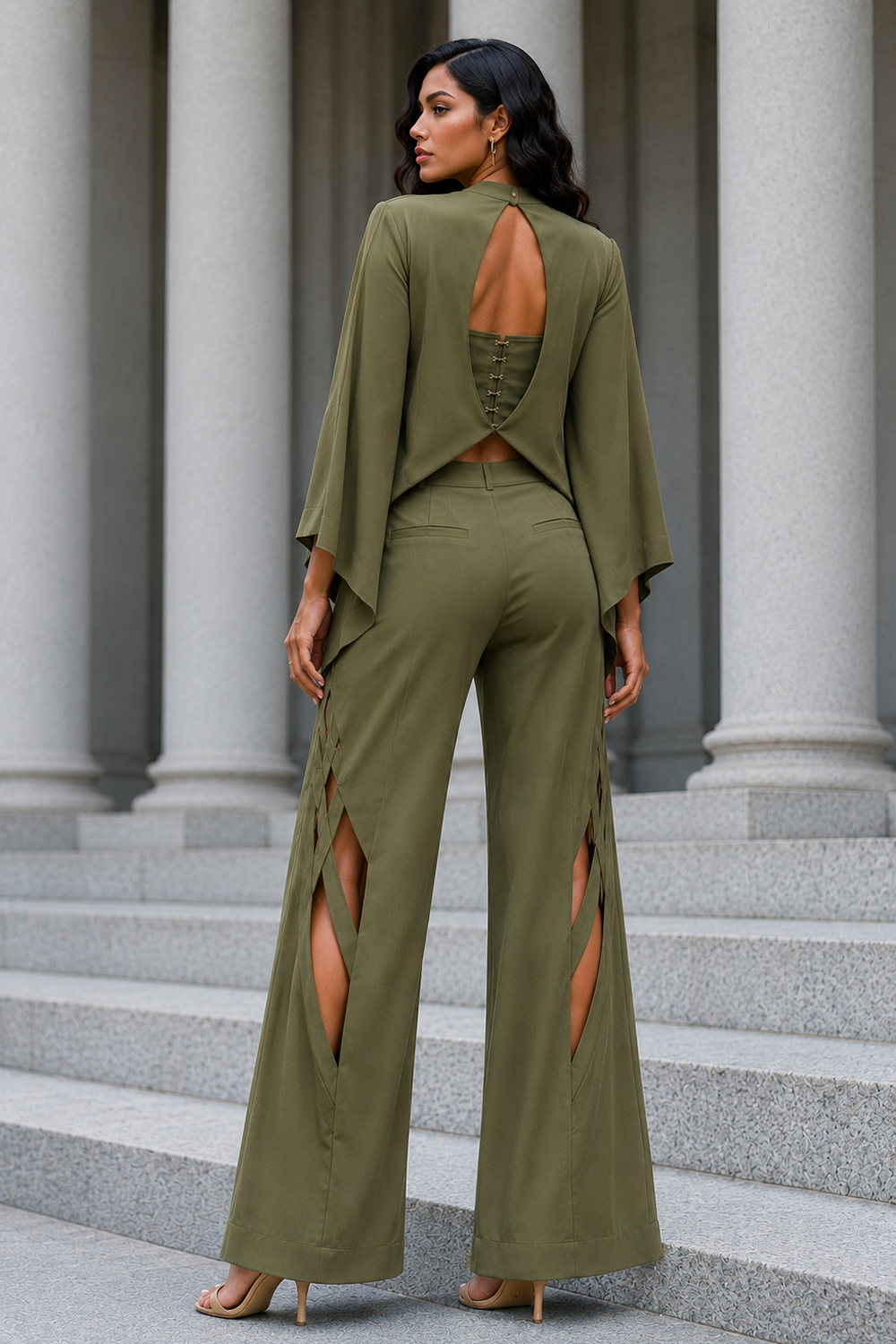 Olive Lycra Three-Piece Co-Ord Set with Corset Top, Cape Jacket Secondary image
