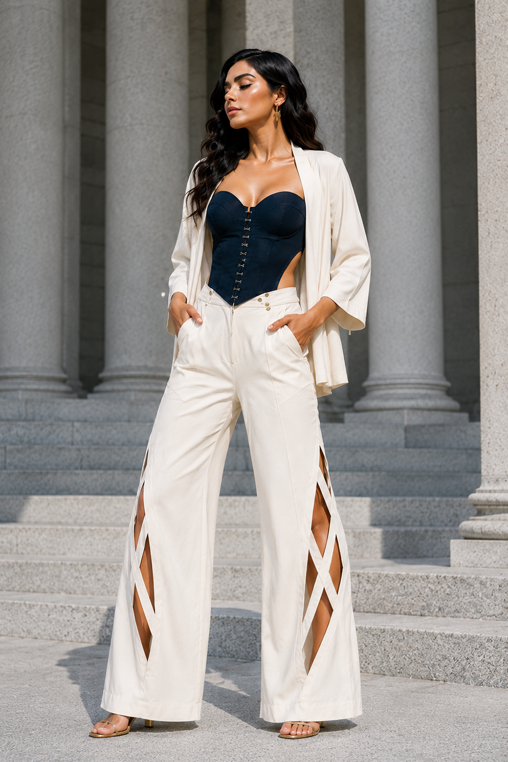 Ivory & Midnight Blue Lycra Three-Piece Co-Ord Set with Corset Top, Cape Jacket Main image