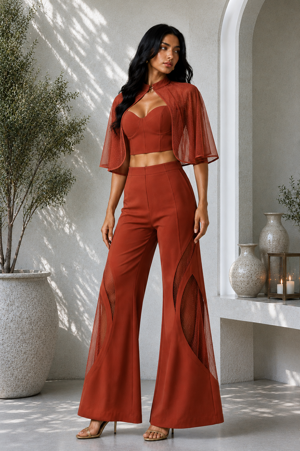 Rust Lycra Three-Piece Co-Ord Set with Corset Top, Sheer Cape Main image