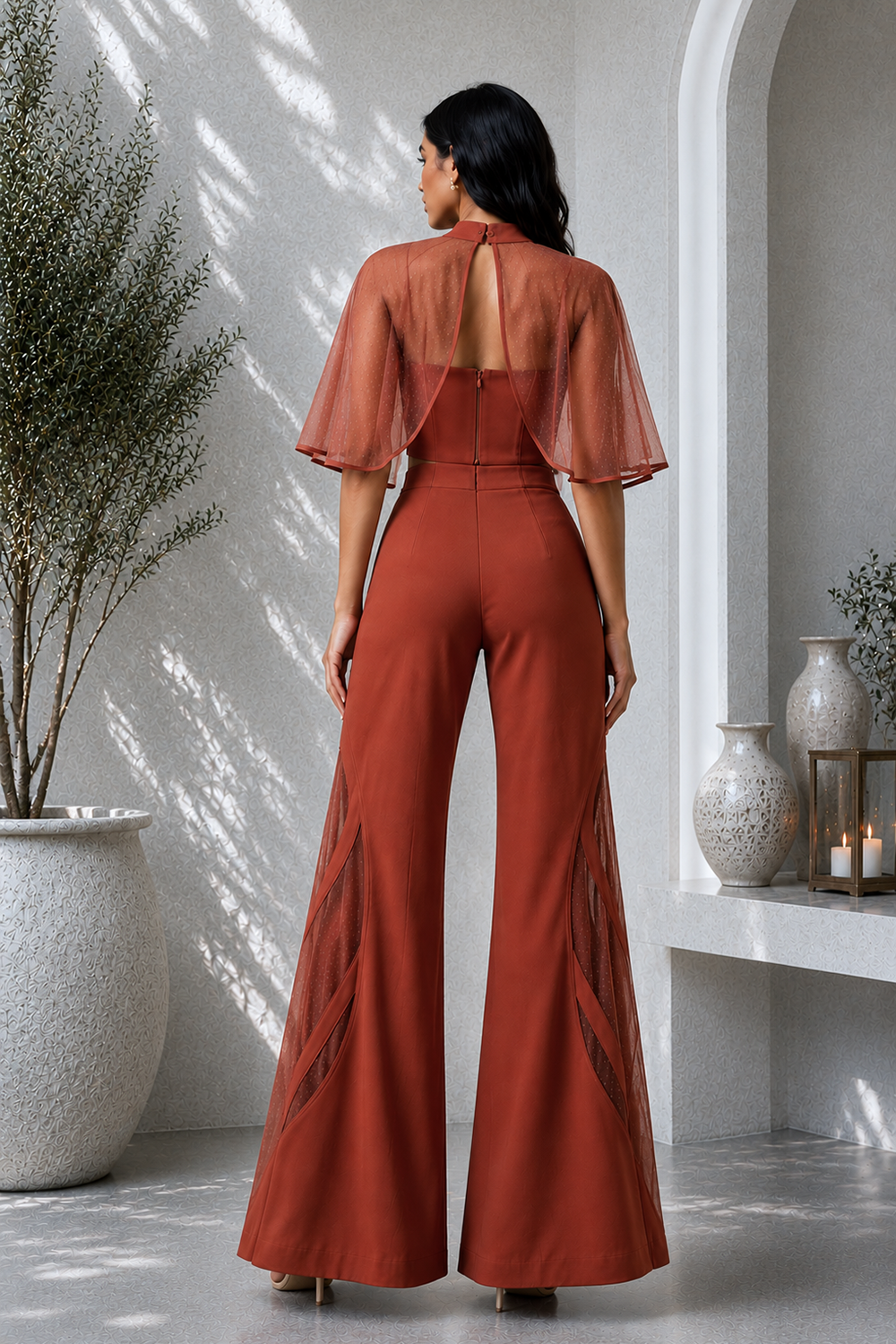 Rust Lycra Three-Piece Co-Ord Set with Corset Top, Sheer Cape Secondary image
