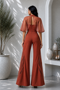 Rust Lycra Three-Piece Co-Ord Set with Corset Top, Sheer Cape