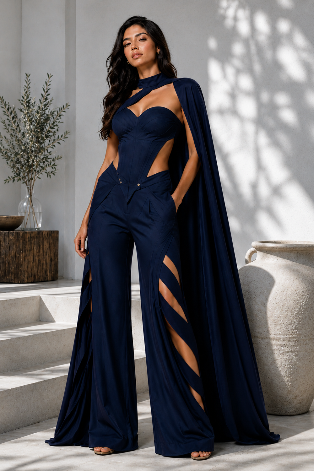 Midnight Blue Sculpted Corset, Statement Cape & Cutwork Wide-Leg Pants Main image