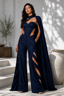 Midnight Blue Sculpted Corset, Statement Cape & Cutwork Wide-Leg Pants