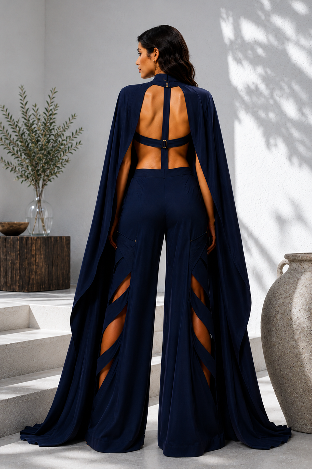 Midnight Blue Sculpted Corset, Statement Cape & Cutwork Wide-Leg Pants Secondary image