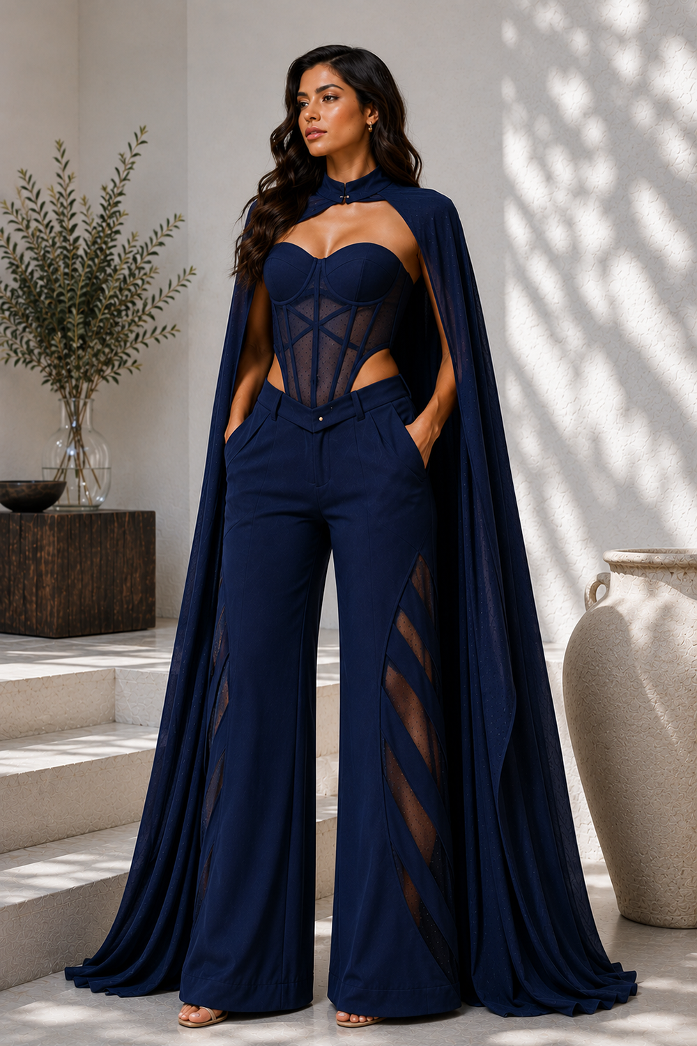 Midnight Blue Corset Top, Cape & Cutwork Wide-Leg Pant Main image