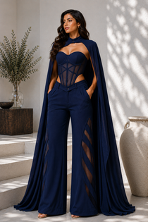 Midnight Blue Corset Top, Cape & Cutwork Wide-Leg Pant