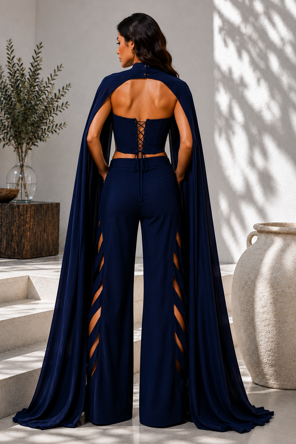 Midnight Blue Corset Top, Cape & Cutwork Wide-Leg Pant Secondary image