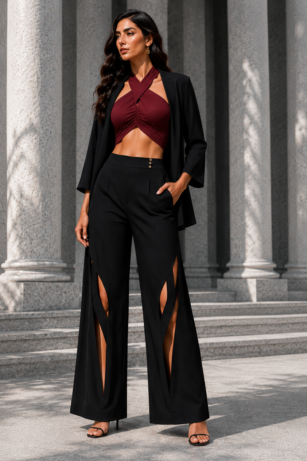 Black Premium Lycra Three-Piece Co-Ord Set with Halter Crop Top, Cape Jacket Main image