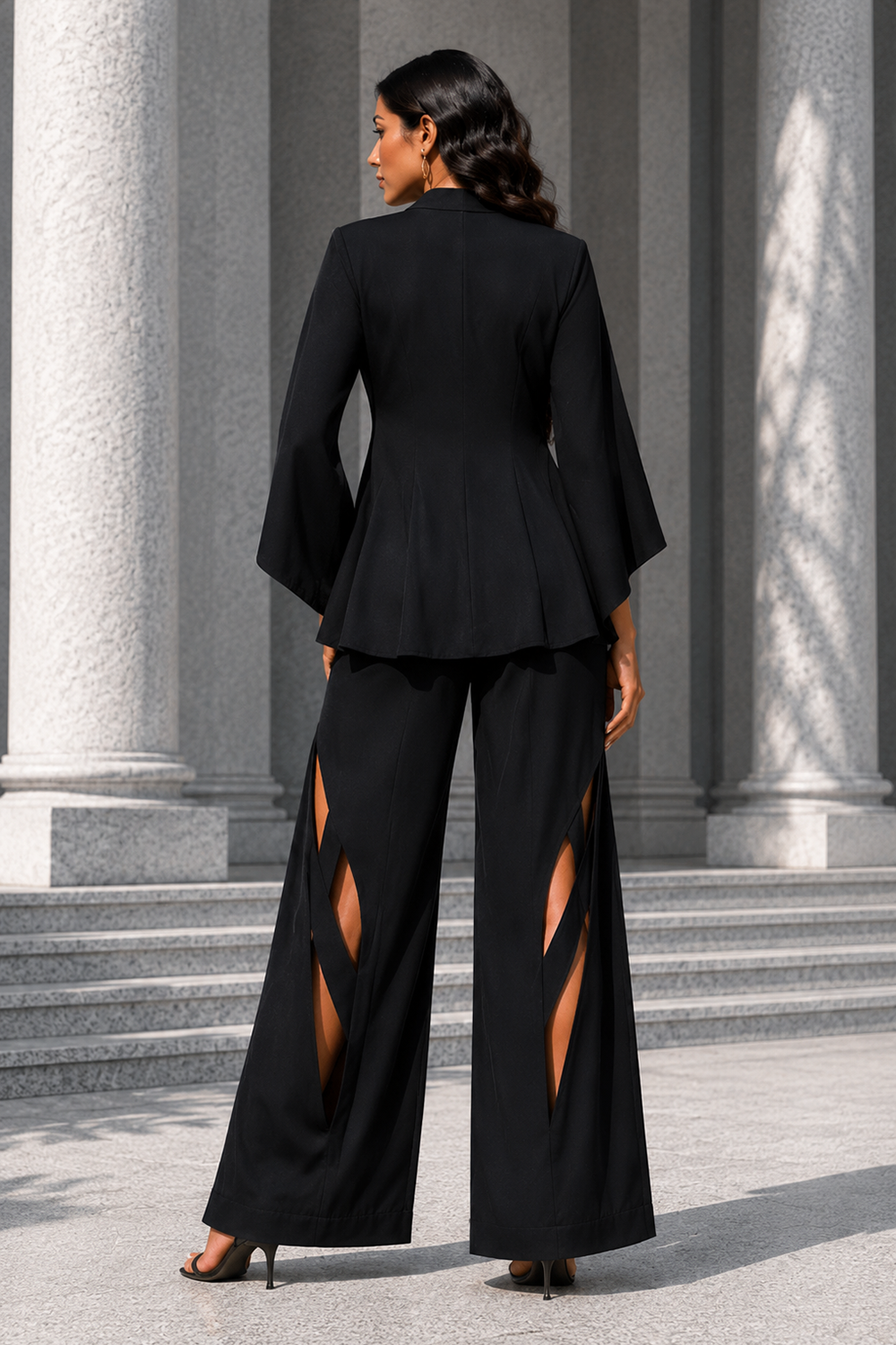 Black Premium Lycra Three-Piece Co-Ord Set with Halter Crop Top, Cape Jacket Secondary image