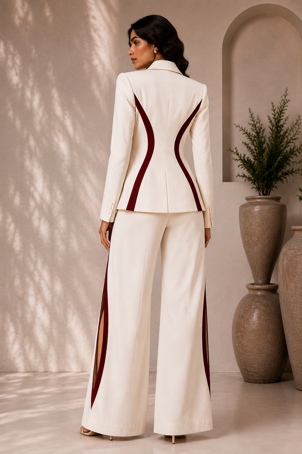 Ivory White Tailored Blazer Co-Ord Set with Burgundy Contrast Panels & Wide-Leg Pants