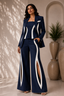 Navy Blue Tailored Blazer Co-Ord Set with White Contrast Panels & Wide-Leg Slit Trousers