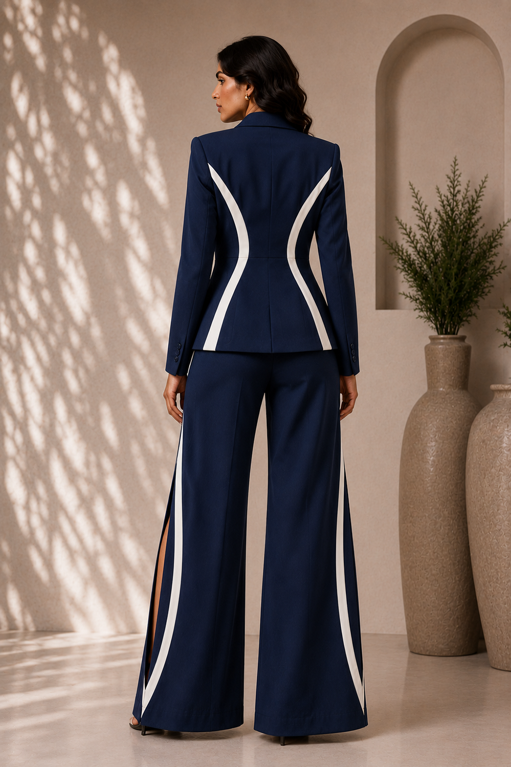 Navy Blue Tailored Blazer Co-Ord Set with White Contrast Panels & Wide-Leg Slit Trousers