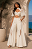 Ivory White Cut-Out Corset Co-Ord Set with Sheer Cape Sleeves & Wide-Leg Trousers