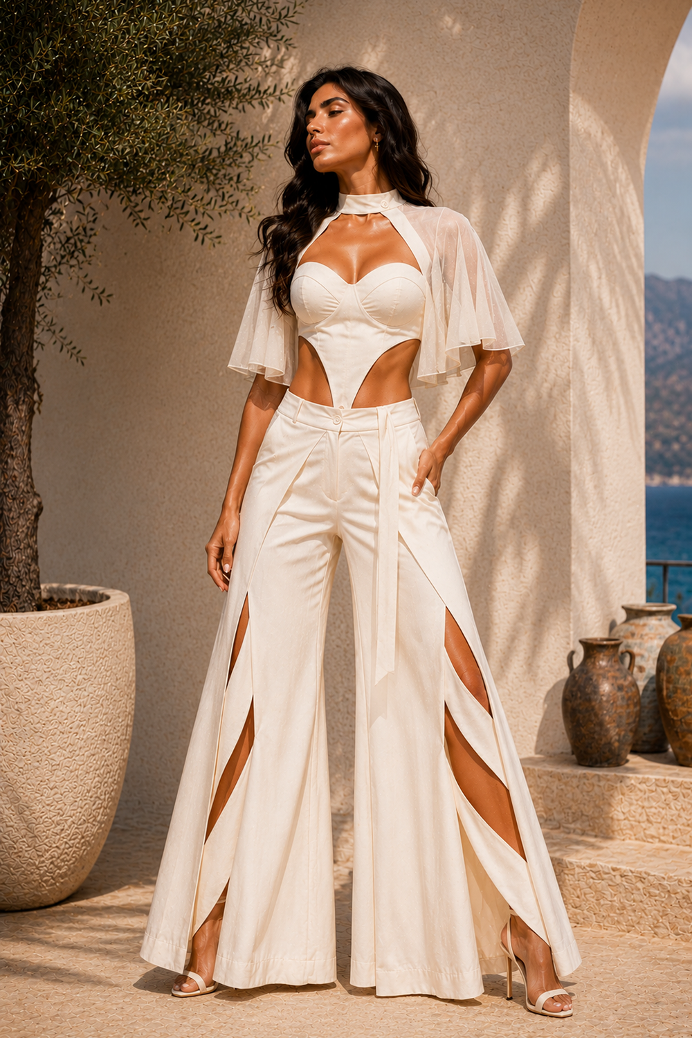 Ivory White Cut-Out Corset Co-Ord Set with Sheer Cape Sleeves & Wide-Leg Trousers Main image