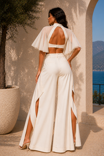 Ivory White Cut-Out Corset Co-Ord Set with Sheer Cape Sleeves & Wide-Leg Trousers
