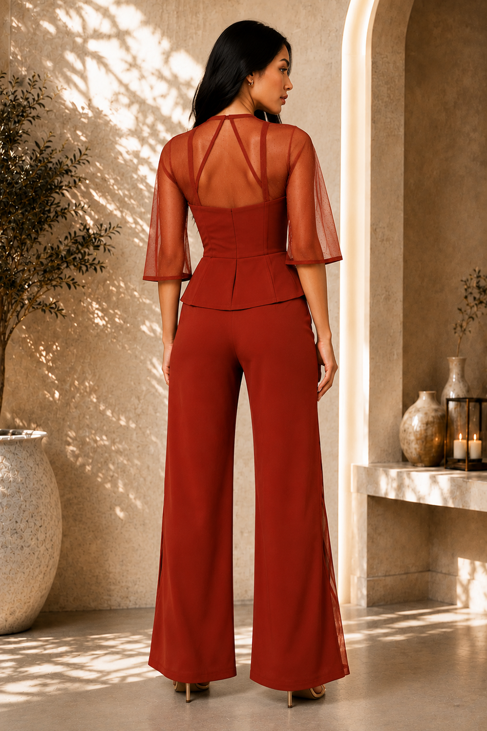 Rust Red Corset Co-Ord Set with Sheer Mesh Sleeves, Peplum Waist & Wide-Leg Trousers
