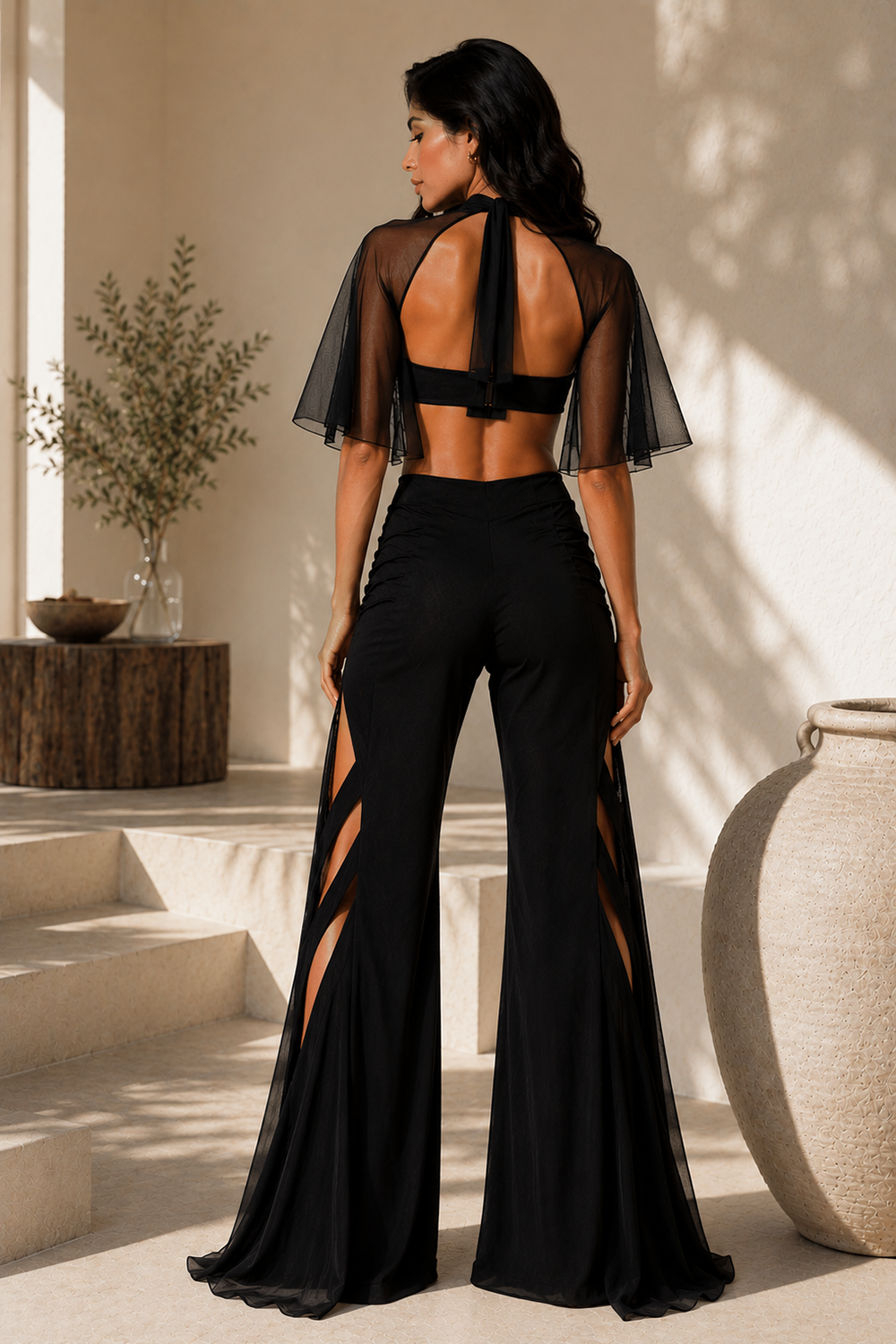 Black Mesh Cape Co-Ord Set with Cut-Out Halter Top & Ruched Wide-Leg Trousers