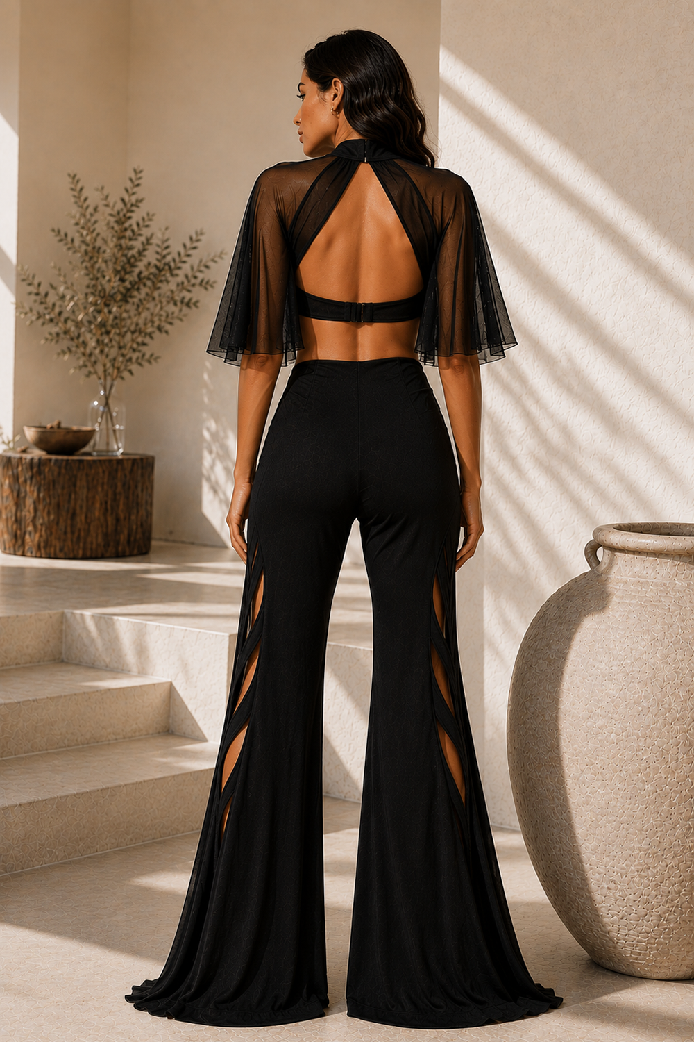 Black Cut-Out Halter Jumpsuit with Sheer Mesh Cape Sleeves & Flared Wide-Leg Trousers