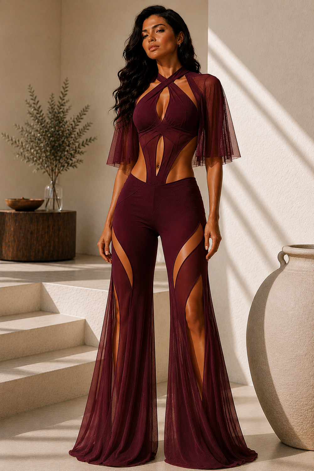 Burgundy Mesh Cut-Out Jumpsuit with Cross-Back Halter Neck & Flared Wide-Leg Trousers Main image