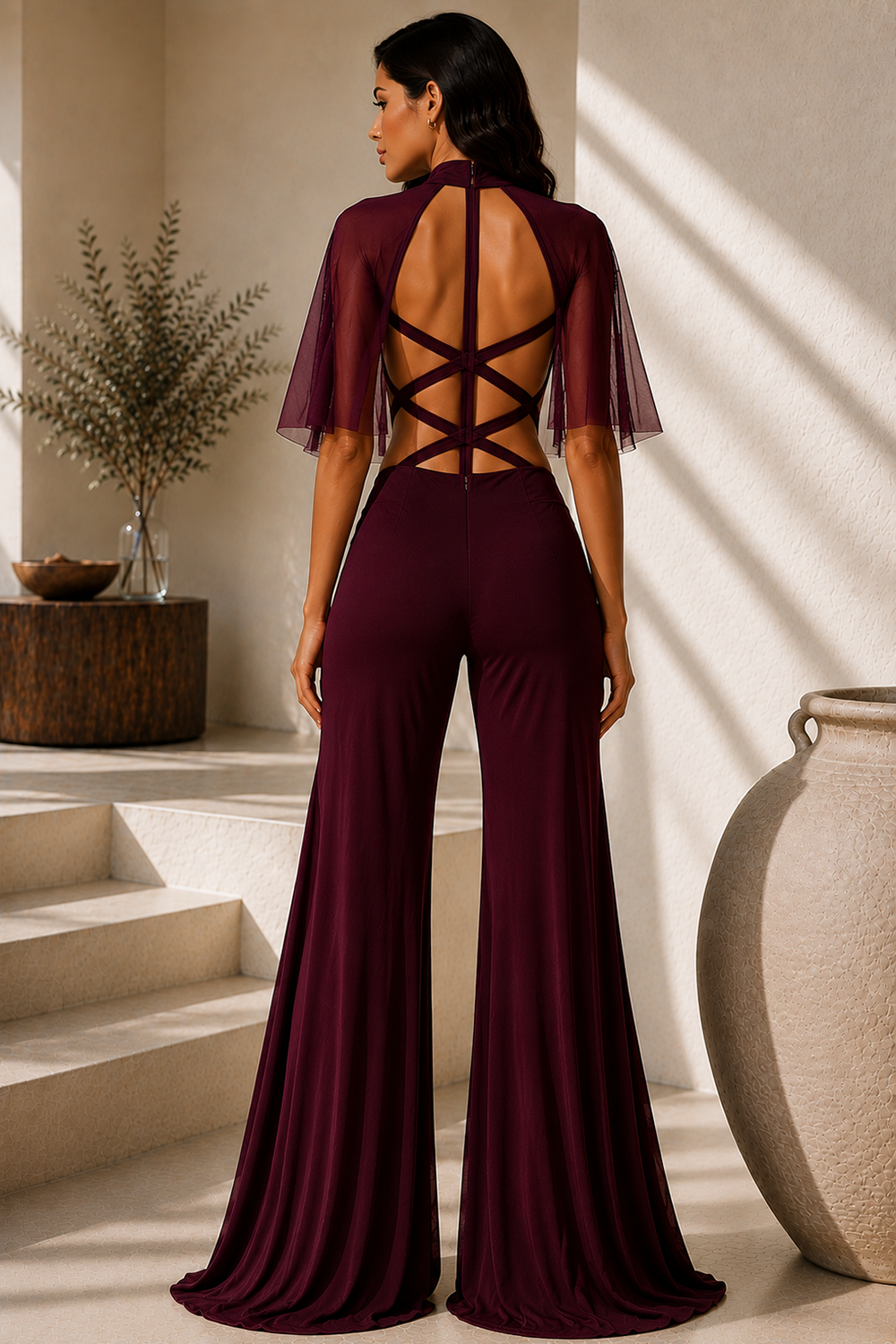 Burgundy Mesh Cut-Out Jumpsuit with Cross-Back Halter Neck & Flared Wide-Leg Trousers