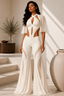 Ivory White Cut-Out Jumpsuit with Cross-Front Halter Neck, Sheer Flare Sleeves & Wide-Leg Trousers