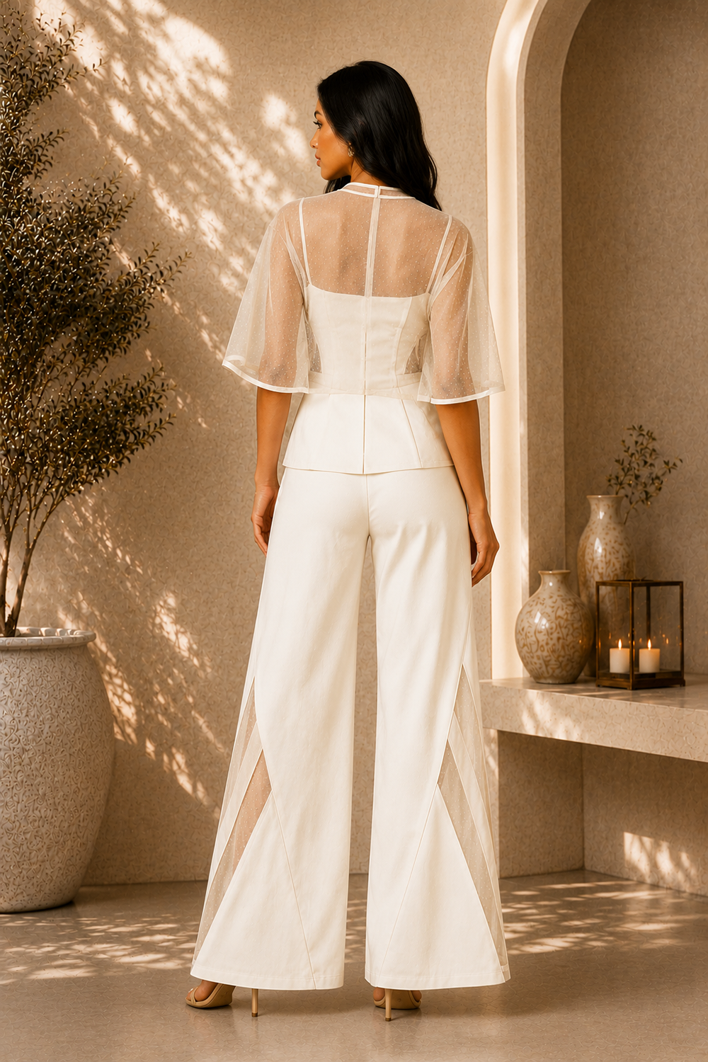 Ivory White Corset Peplum Top & Wide-Leg Pants Set with Sheer Polka-Dot Sleeves and Cut-Out Panels Secondary image