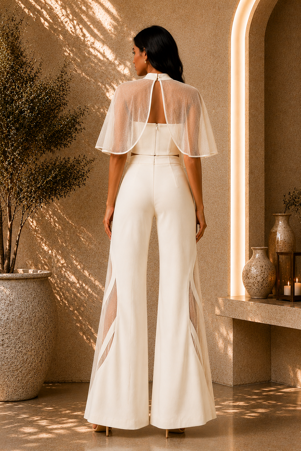 Ivory White Corset Top & Wide-Leg Pants Co-Ord Set with Sheer Polka-Dot Cape Sleeves Secondary image