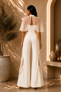Ivory White Corset Top & Wide-Leg Pants Co-Ord Set with Sheer Polka-Dot Cape Sleeves