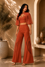 Rust Orange Corset Co-Ord Set with Sheer Polka-Dot Cape Overlay & Wide-Leg Pants