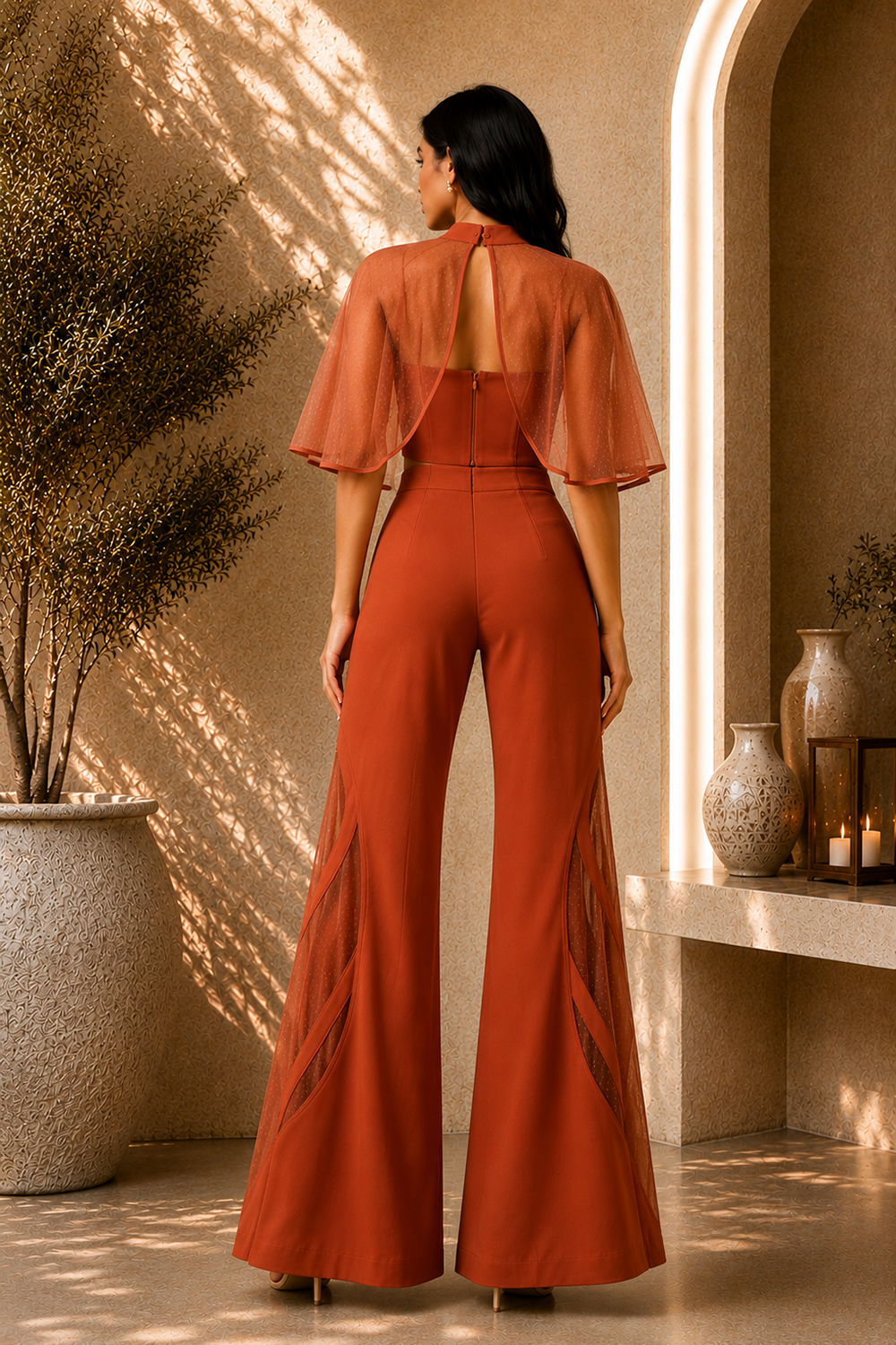 Rust Orange Corset Co-Ord Set with Sheer Polka-Dot Cape Overlay & Wide-Leg Pants Secondary image