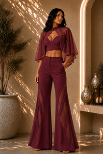 Burgundy Wine Co-Ord Set with Sheer Cape Overlay & Wide-Leg Trousers