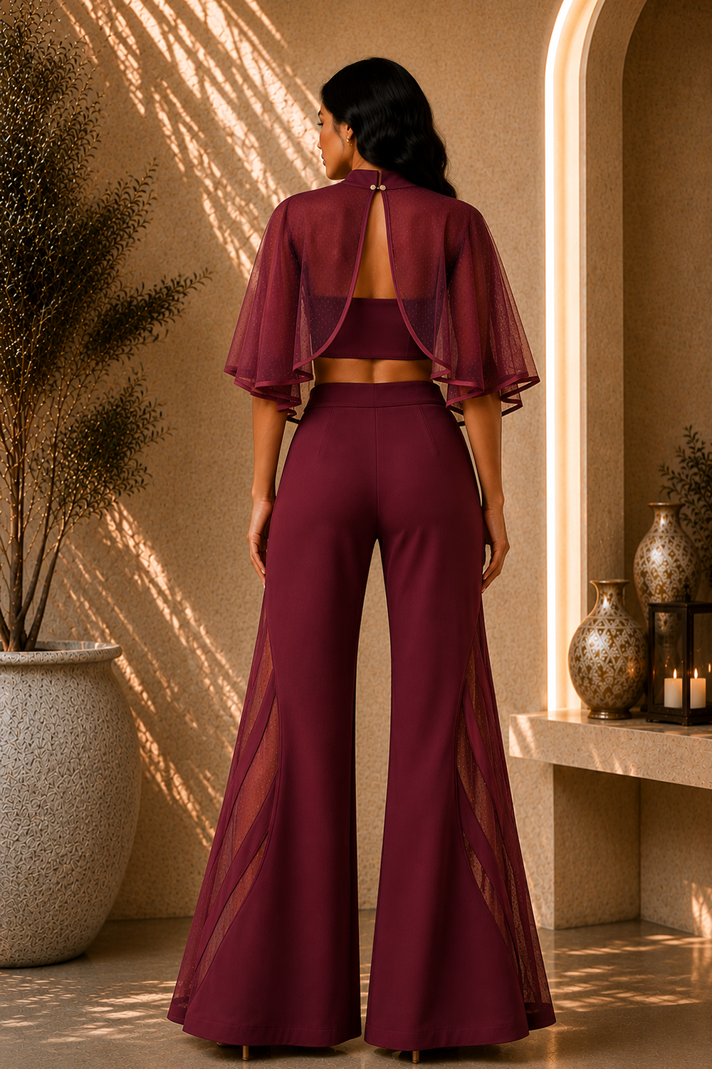 Burgundy Wine Co-Ord Set with Sheer Cape Overlay & Wide-Leg Trousers Secondary image