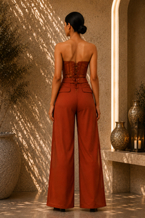 Burnt Orange Corset Co-Ord Set with Utility Wide-Leg Trousers & Sheer Side Panels
