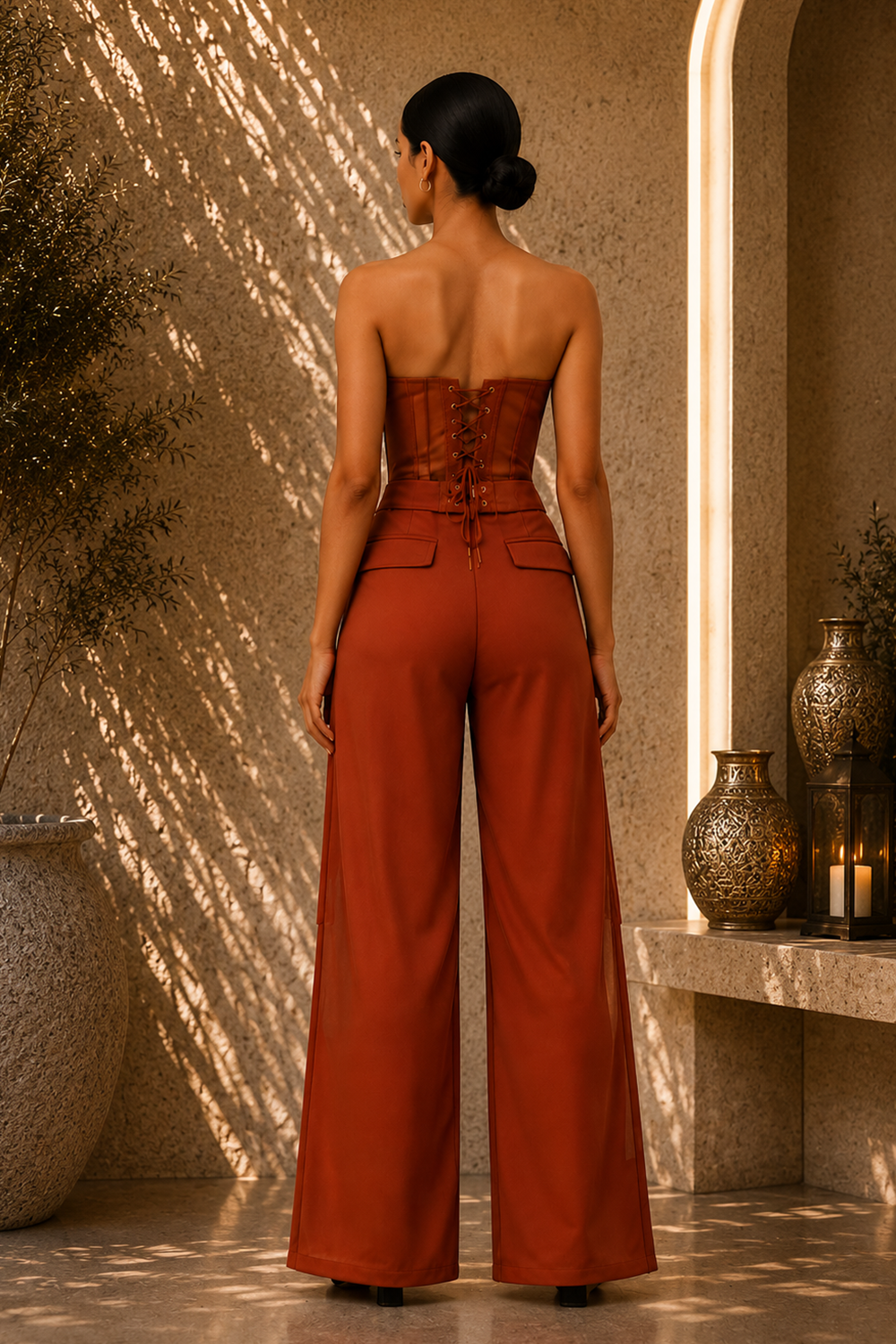 Burnt Orange Corset Co-Ord Set with Utility Wide-Leg Trousers & Sheer Side Panels