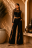 Black Sheer Mesh Corset Co-Ord Set with Wide-Leg Utility Trousers & Geometric Cut-Out Panels