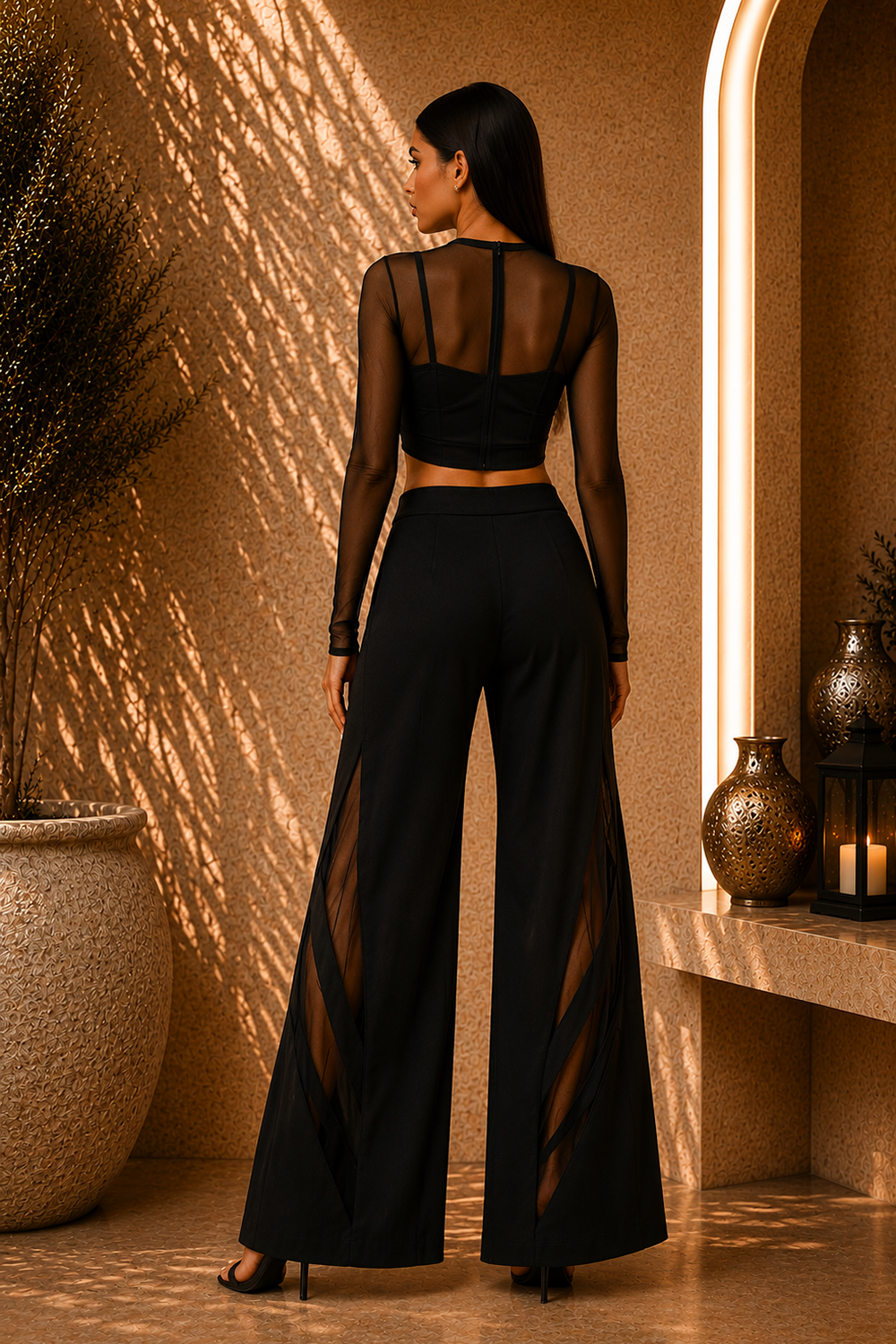 Black Sheer Mesh Corset Co-Ord Set with Wide-Leg Utility Trousers & Geometric Cut-Out Panels