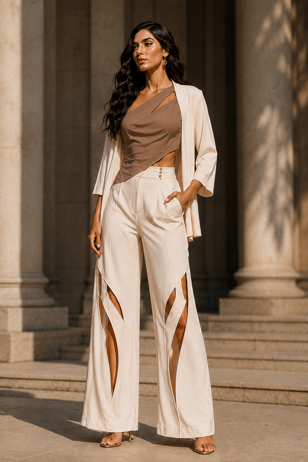 Women’s Taupe Draped Top with Ivory Blazer & Cut-Out Wide-Leg Co-Ord Set Main image
