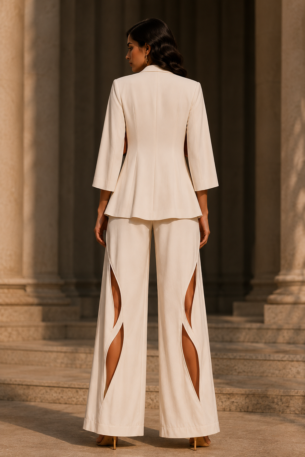 Women’s Taupe Draped Top with Ivory Blazer & Cut-Out Wide-Leg Co-Ord Set Secondary image